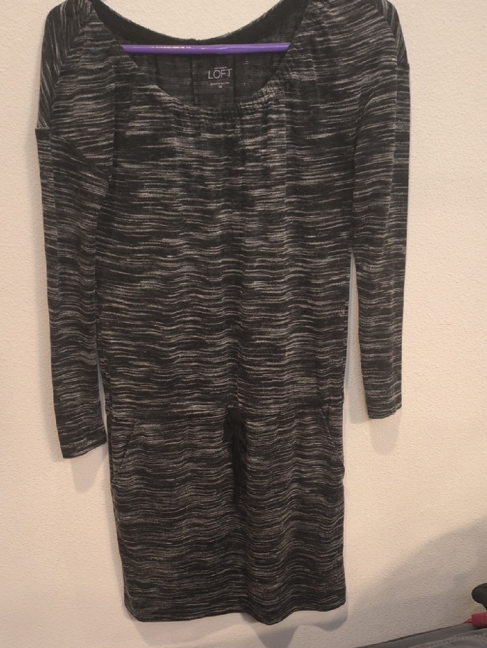 LOFT Black and Gray Marled Long-Sleeve Knit Dress With Belt And Pockets XS